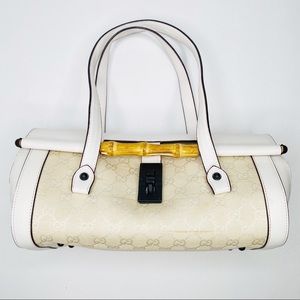 Gucci GG White Canvas Bamboo Bullet Shoulder Bag